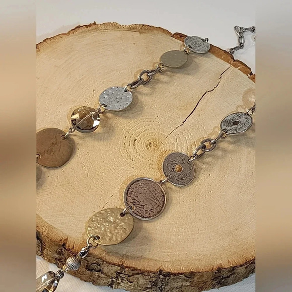 Chico's necklace with silver and gold-tone coin pendants & smoky quartz crystals - Picture 7 of 8